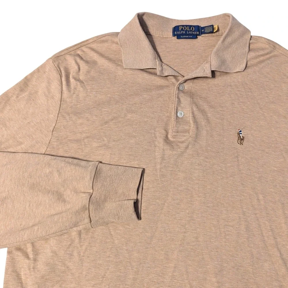 Polo Ralph Lauren Mens Medium Classic Fit Long Sleeve Polo Shirt Tan Flesh Pony